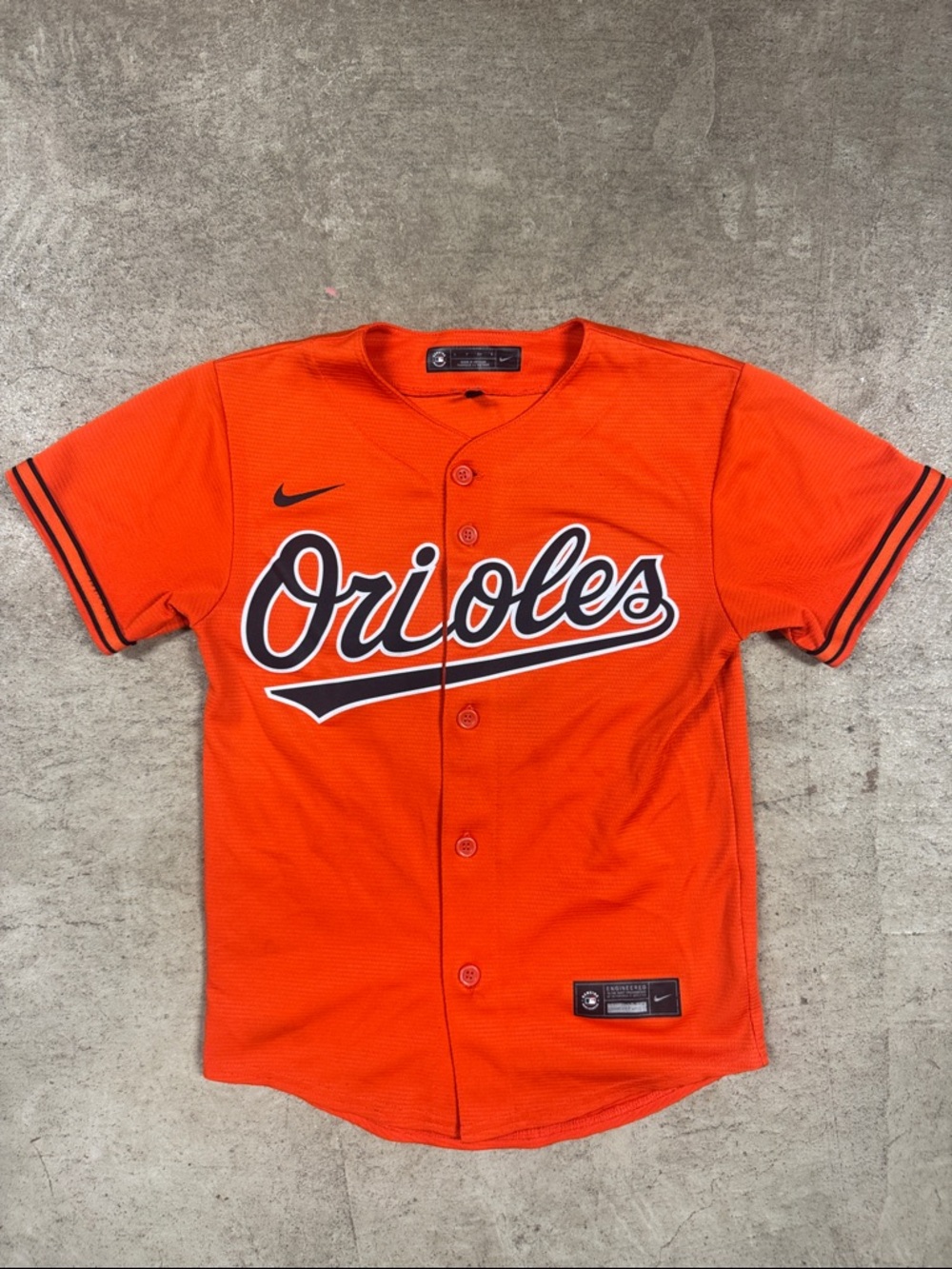 Youth Small Nike Orange Orioles Script Button-Up Jersey